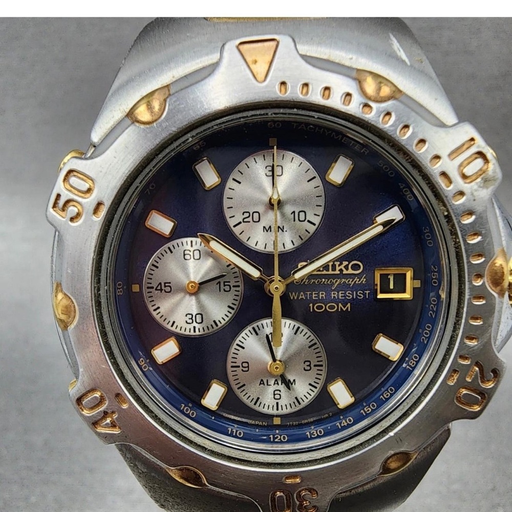 Seiko Chronograph Watch - Silver and Gold with Blue Dial